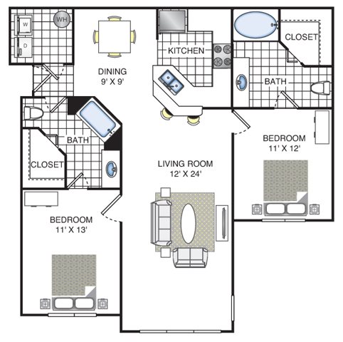 2 bedroom 2 bath The Willow Floor Plan - Bridge Pointe Apartments 2 bedroom 2 bath The Willow Floor Plan - Bridge Pointe Apartments